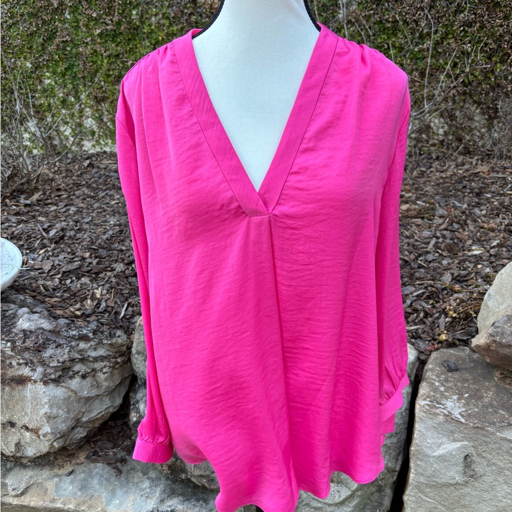 Like New Bright Pink Rumpled Blouse Hi Low Back V Neck Size XL